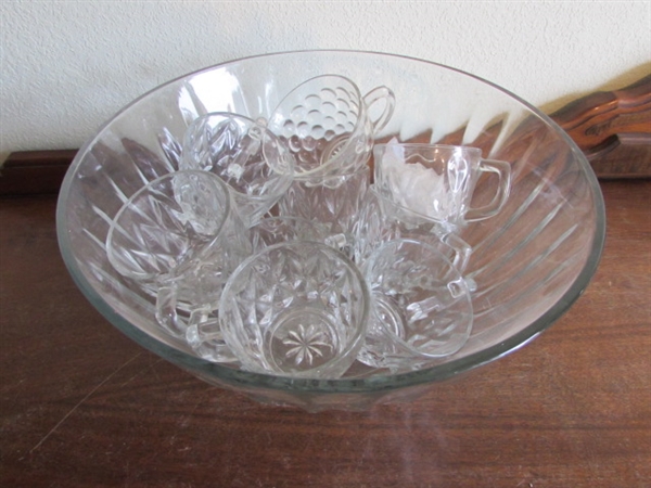 PUNCH BOWL W/CUPS, GLASS SERVING BOWL & PLATTER WITH DOME
