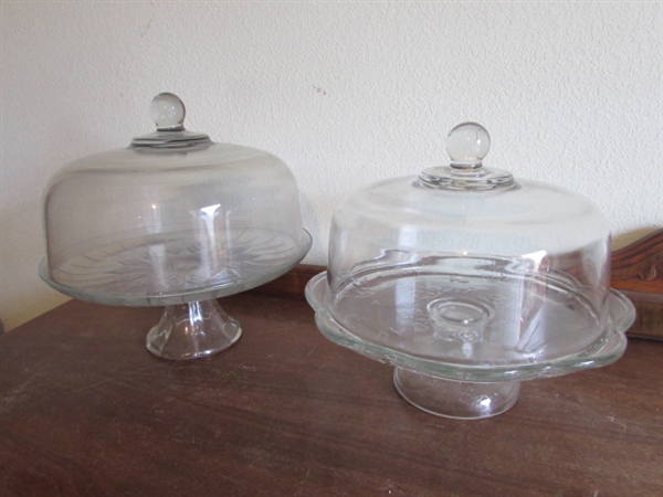 2 GLASS PEDESTAL CAKE SERVERS WITH DOMES