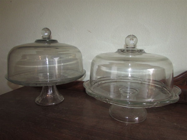2 GLASS PEDESTAL CAKE SERVERS WITH DOMES