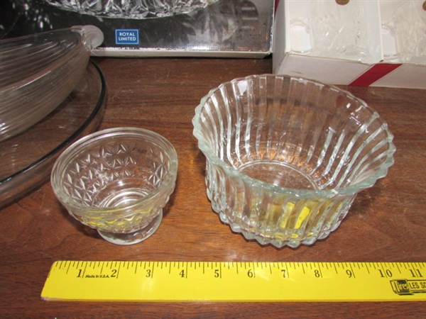 FRENCH CRYSTAL MUGS, GLASS PLATTERS & BOWLS