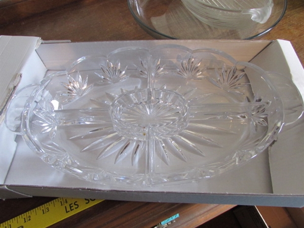 FRENCH CRYSTAL MUGS, GLASS PLATTERS & BOWLS