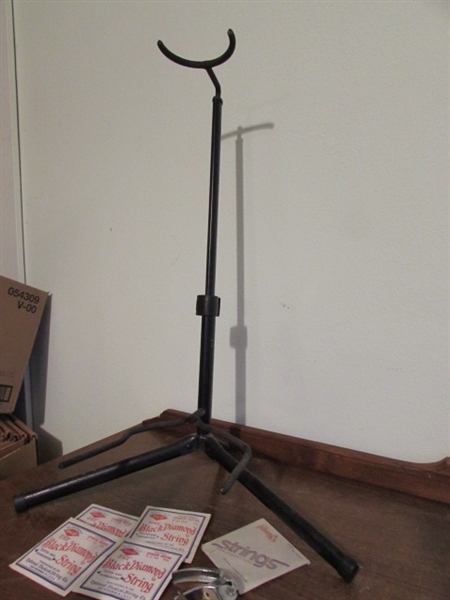 GUITAR STAND, STRINGS & SWAGERTY GUITAR