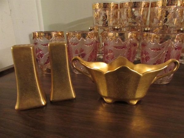 MID-CENTURY GOLD HIGHBALL GLASSES WITH CARRIER & MORE