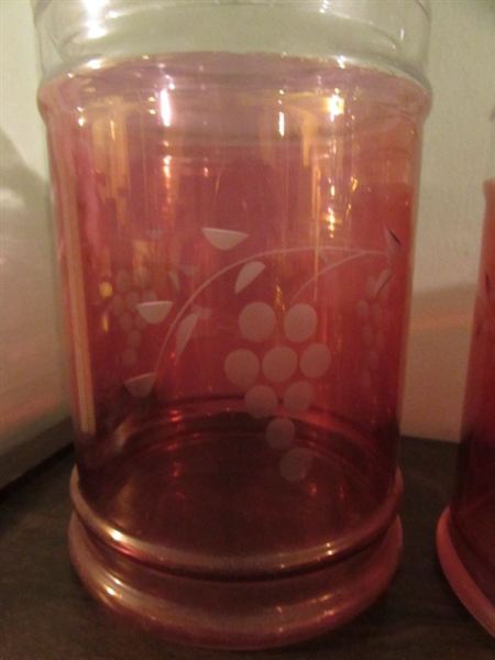 FLASHED CRANBERRY ETCHED CANISTERS & MORE