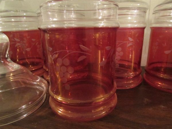FLASHED CRANBERRY ETCHED CANISTERS & MORE