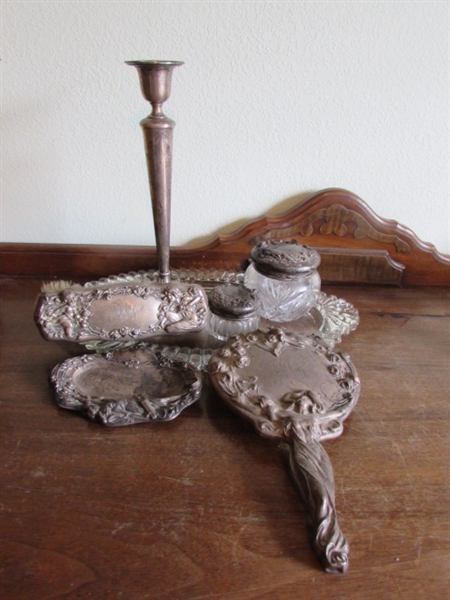 SILVER PLATE DRESSER SET, GLASS TRAY & STERLING CANDLE HOLDER