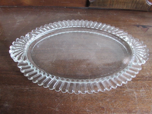 SILVER PLATE DRESSER SET, GLASS TRAY & STERLING CANDLE HOLDER