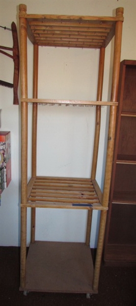 TALL WOOD DISPLAY SHELF WITH LOTS OF CUP HOOKS