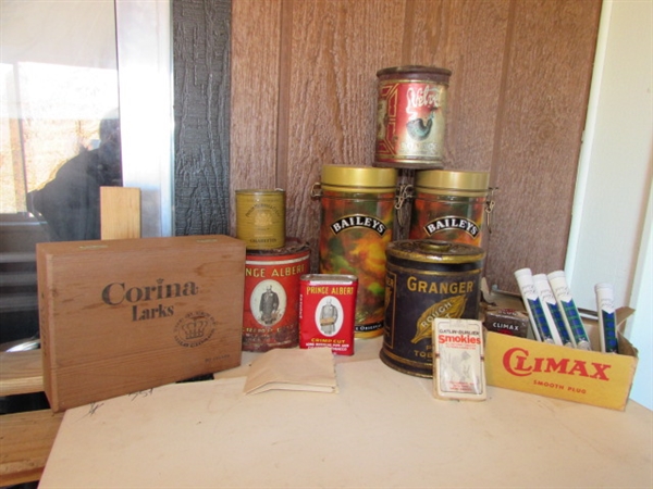VINTAGE TOBACCO PLUGS, TINS, BOXES AND BAILEY'S TINS