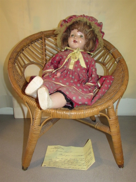 1930'S-40'S DOLL WITH WICKER CHAIR AND TINY BABY