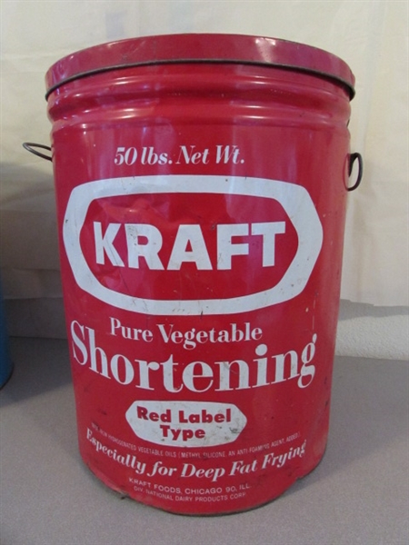 2 VINTAGE 5 GALLON 'SHORTENING' CANS WITH LIDS