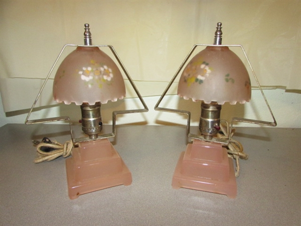 VINTAGE BRASS & PINK GLASS LAMP PAIR