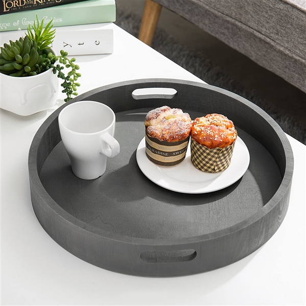 MyGift Round Nesting Charcoal Gray Wood Serving Trays, Set of 2