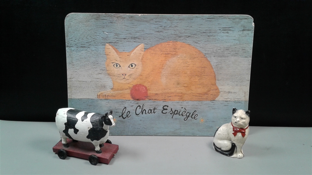 Vintage Cast Iron Cat Piggy Bank Collectible, Cat Place Mat, & Cow Toy