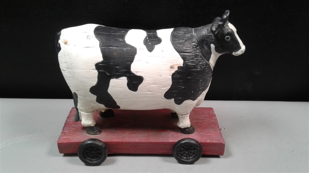 Vintage Cast Iron Cat Piggy Bank Collectible, Cat Place Mat, & Cow Toy