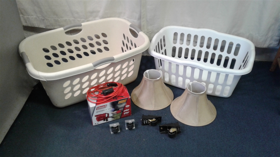 Laundry Baskets, Coleman Pump, Lamp Shades, & Casters