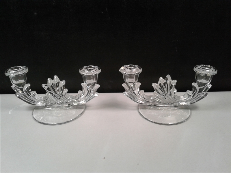 Vintage Pressed Glass Double Candlestick Set of 2