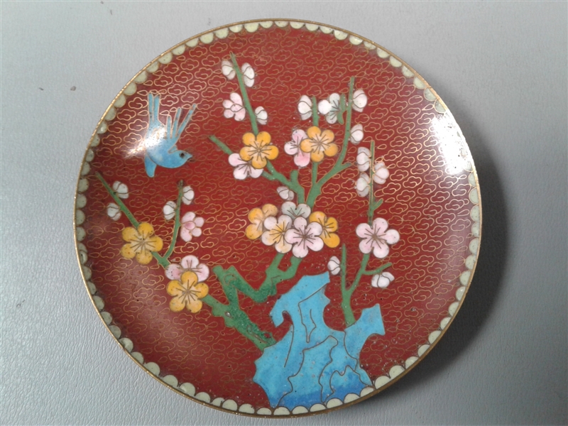 Vintage Chinese Enameled Plate W/Wood Display