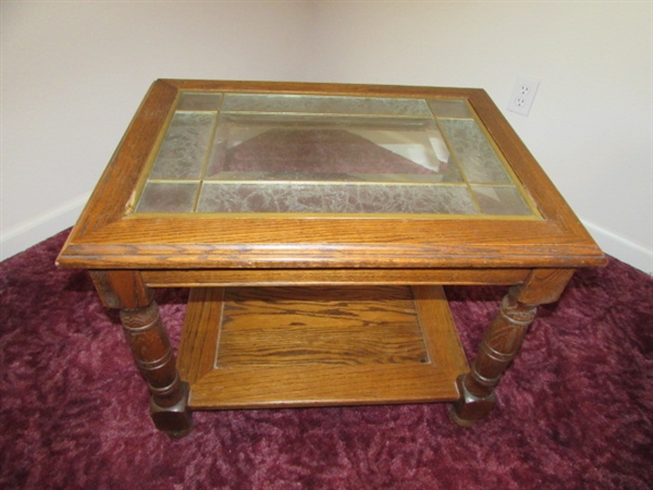 OAK SIDE TABLE WITH LEADED GLASS INSERTS