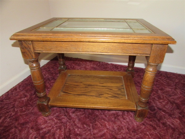 OAK SIDE TABLE WITH LEADED GLASS INSERTS