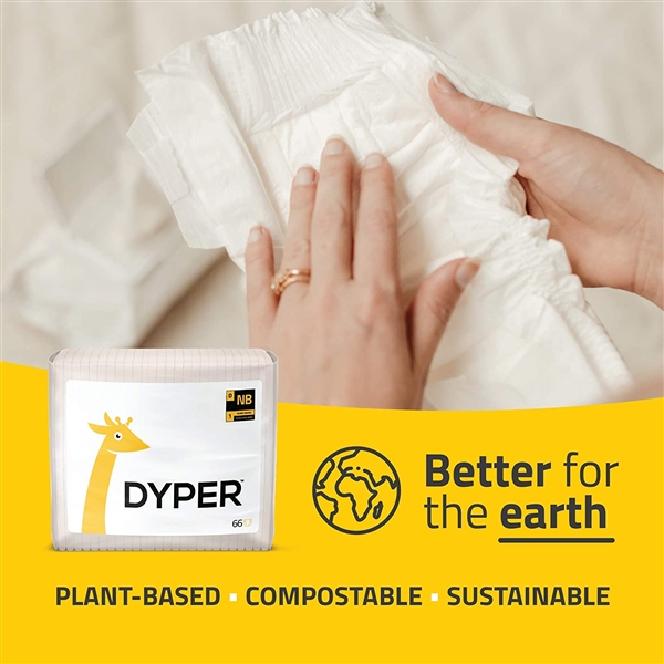 DYPER | Responsibly Sourced Bamboo Baby Diapers | Ink Free, Soft + Durable | New Born | 10 lbs & Under | 66 Count