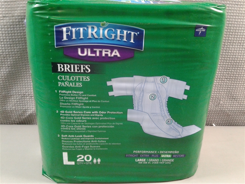 FitRight Ultra Adult Diapers, Disposable Incontinence Briefs with Tabs Large 20 Ct