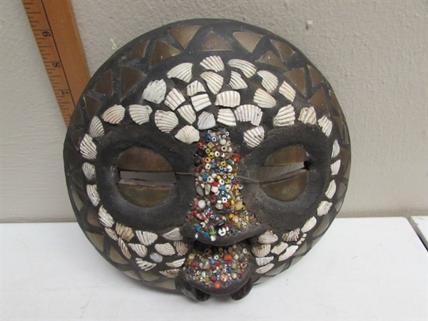 WOODEN AFRICAN MASK WITH BEADS, SHELLS & BRASS ACCENTS