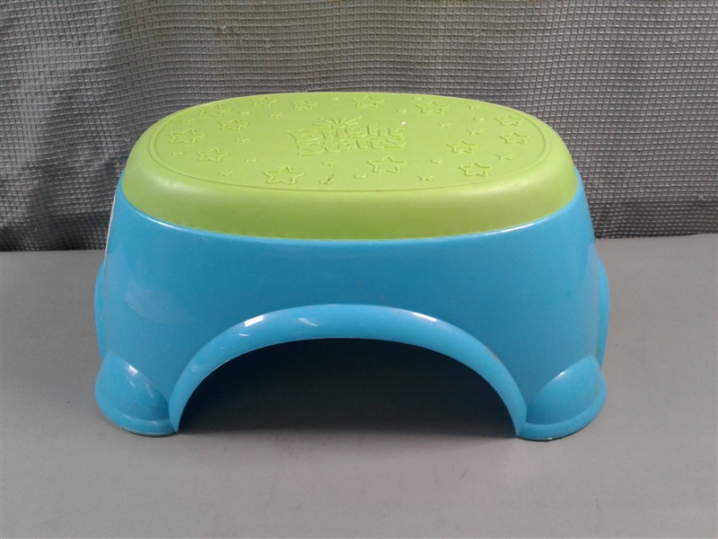 Pink Booster Seat, Bright Start Stool and Baby Swing 