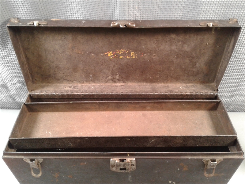 Old Tool Box, Small Pick and Shovel, Two Wedges, Saw 