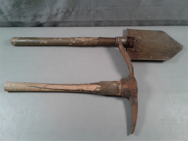 Old Tool Box, Small Pick and Shovel, Two Wedges, Saw 