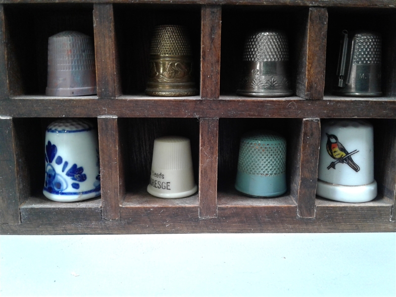 Vintage Thimble Collection with Wood Display Case