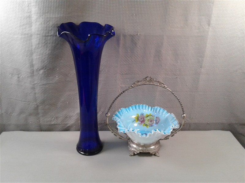 Cobalt Blue Vase & Ruffled Floral Candy Dish