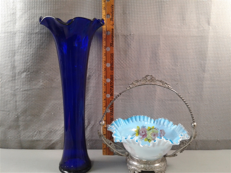 Cobalt Blue Vase & Ruffled Floral Candy Dish