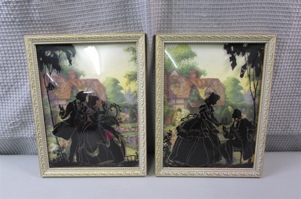 Vintage Silhouette on Curved Glass in a Frame- Pair of Pictures