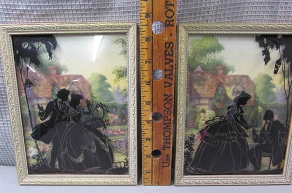 Vintage Silhouette on Curved Glass in a Frame- Pair of Pictures