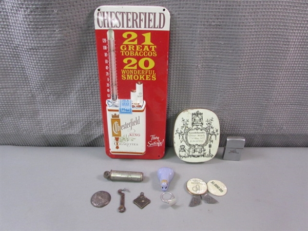 Antique & Vintage Items- Chesterfield Thermometer, Balloon Tire Gauge, Sterling Pocket watch Back, etc