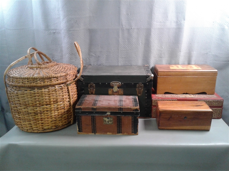 5 Wooden Boxes and a Picnic Basket 