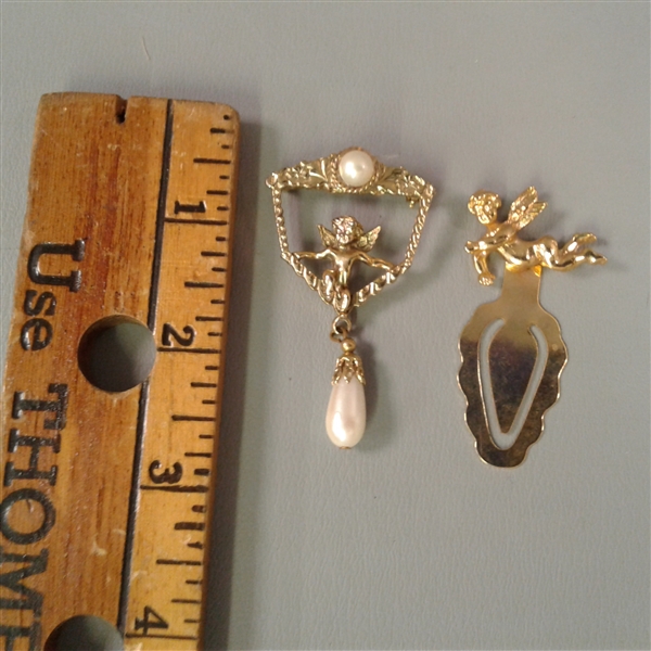 Gold Angel and Pearl Earrings, Pin & Bookmark