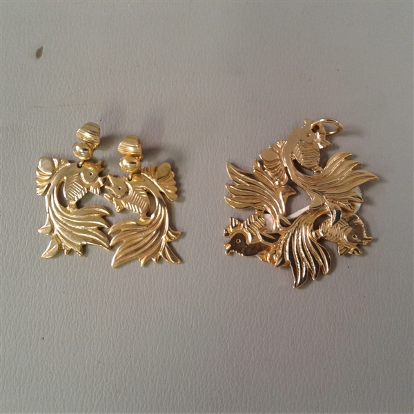 Gold Koi Fish Clip on Earrings & Pendant