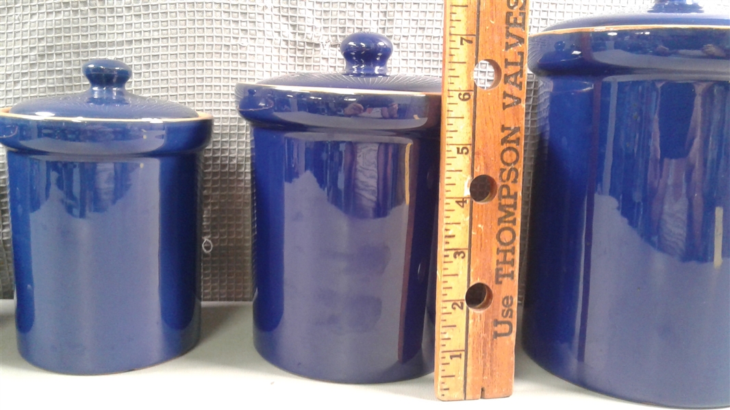 Set of 4 Cobalt Blue Canisters W/Brown Interior