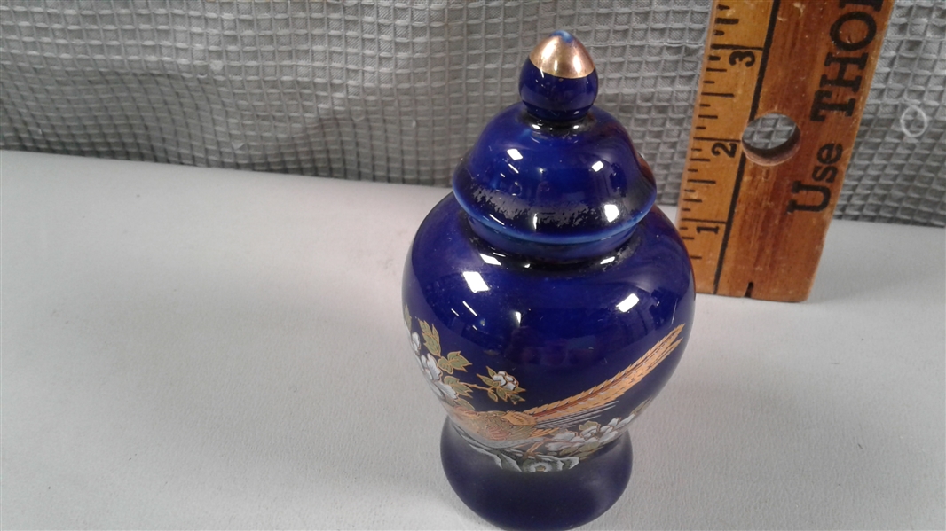 Vintage Cobalt Blue & Gold Pheasant and Floral Vases & Urns