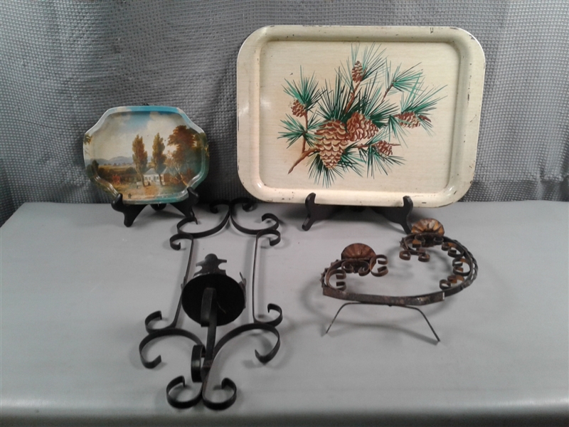 Vintage Tin Trays and Wrought Iron Candle Holders