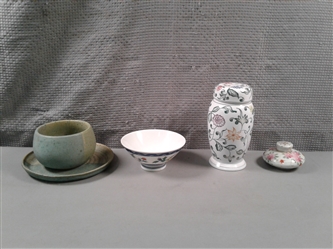 Rice Bowl, Urn, Salt Shaker and Pottery Bowl and Underplate