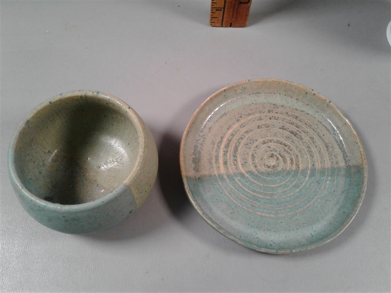 Rice Bowl, Urn, Salt Shaker and Pottery Bowl and Underplate