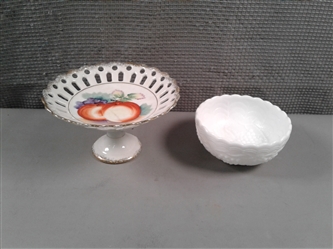 Vintage Pedestal Fruit Plate and Grapes Milk Glass Bowl