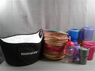 Camping/Picnic Essentials- Wicker & Plastic Plate Holders, Travel Mugs & Bottles etc