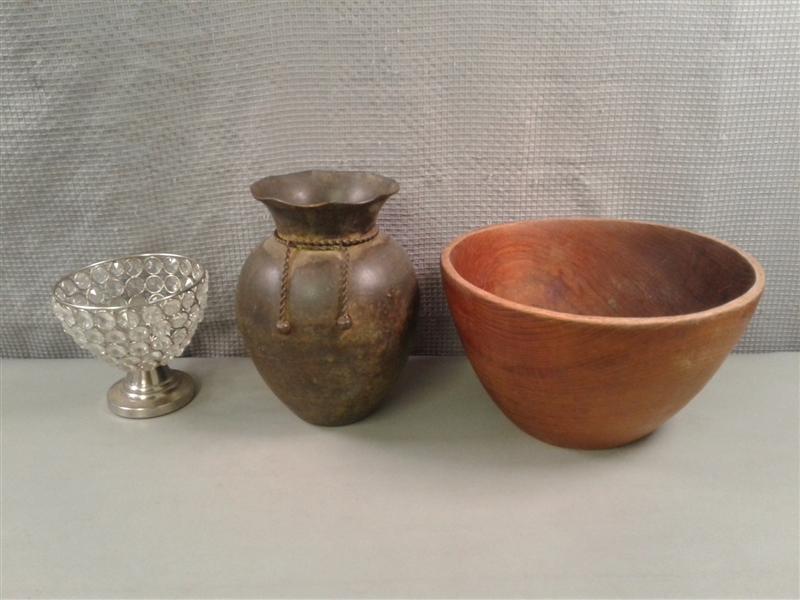 Vintage 9.5 Wood Bowl, Metal Spiegel Vase, & Trinket Bowl