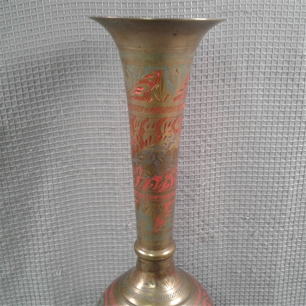 Vintage Green & Red Brass Vase Made in India