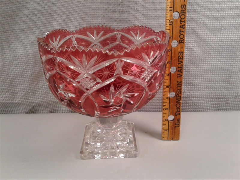Beautiful Crystal Ruby Red Cut to Clear Pedestal Serving Dish