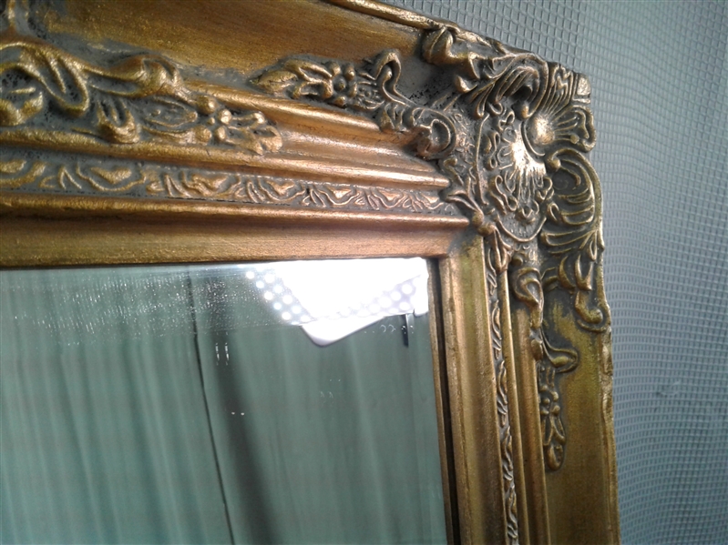Beveled Mirror in Gold Frame with Embossed Design